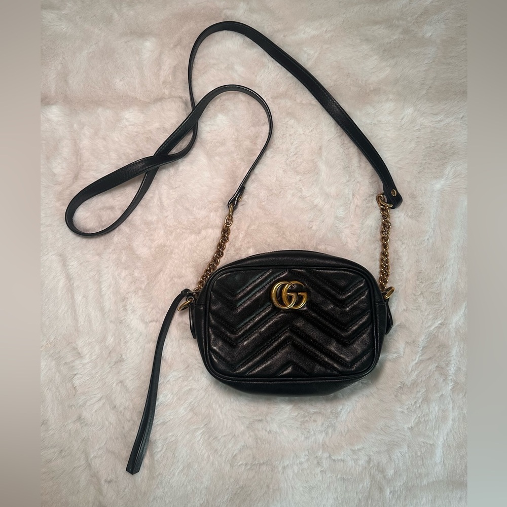 Gucci GG Marmont Matelasse Mini Bag Black and Gold Quilted Crossbody Bag